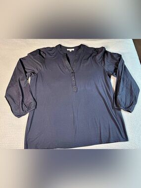 Calligraphie Navy Button Front Blouse Size XL Like New